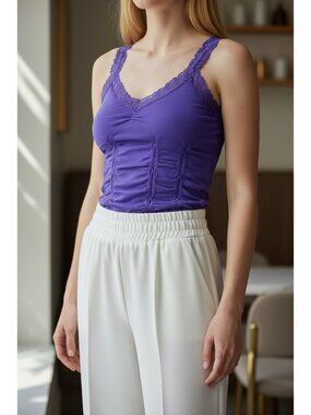 Bongo Lace Trim Corset Cami Stretch Womens Size L/XL Purple Slimming Ruching NEW